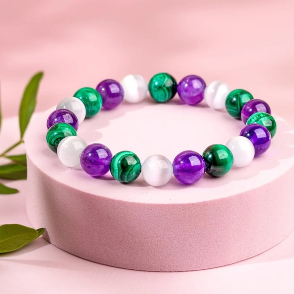 Hand Crafted Jewelry - 🆕New The Triple Healing Bracelet- Amethyst, Selenite & Malachite 8mm